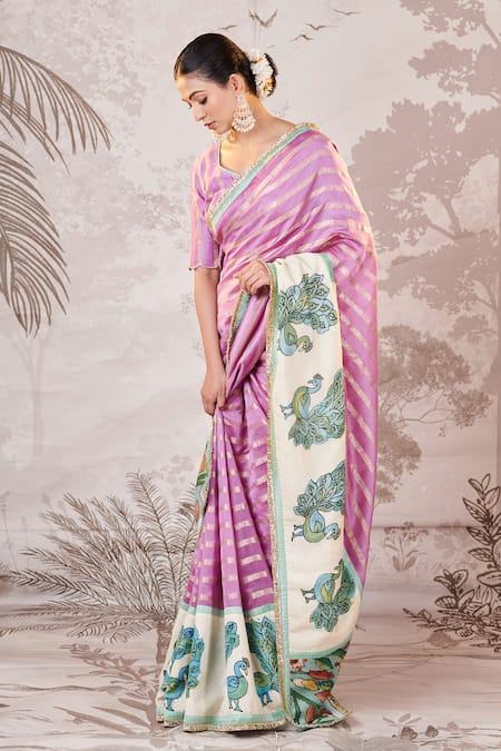 Aamra By Lavanya Purple Silk, Chanderi Embroidery, Sequins, Kalamkari Peacock Motif Saree Set at Aza Fashions Aamra By Lavanya_Purple Silk, Chanderi Embroidery, Sequins, Kalamkari Peacock Motif Saree Set _at_Aza_Fashions