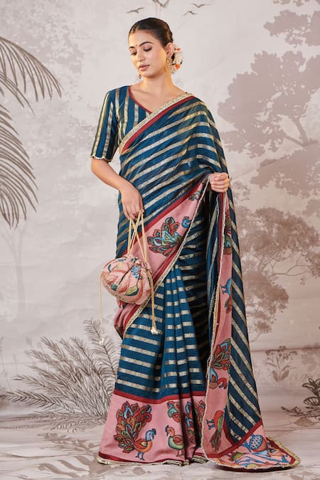 AAMRA BY LAVANYA Peacock Motif Hand Painted Saree Set 