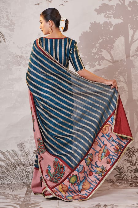 Aamra By Lavanya Peacock Motif Hand Painted Saree Set 