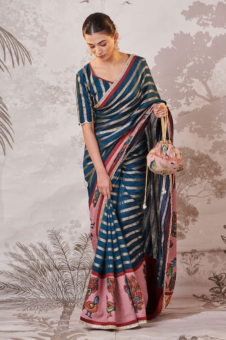 Aamra By Lavanya_Blue Silk, Silk, Sequins, Peacock Motif Hand Painted Saree Set _Online_at_Aza_Fashions
