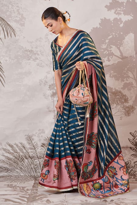 Buy_Aamra By Lavanya_Blue Silk, Silk, Sequins, Peacock Motif Hand Painted Saree Set _Online_at_Aza_Fashions