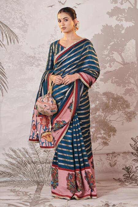 Shop_Aamra By Lavanya_Blue Silk, Silk, Sequins, Peacock Motif Hand Painted Saree Set _Online_at_Aza_Fashions