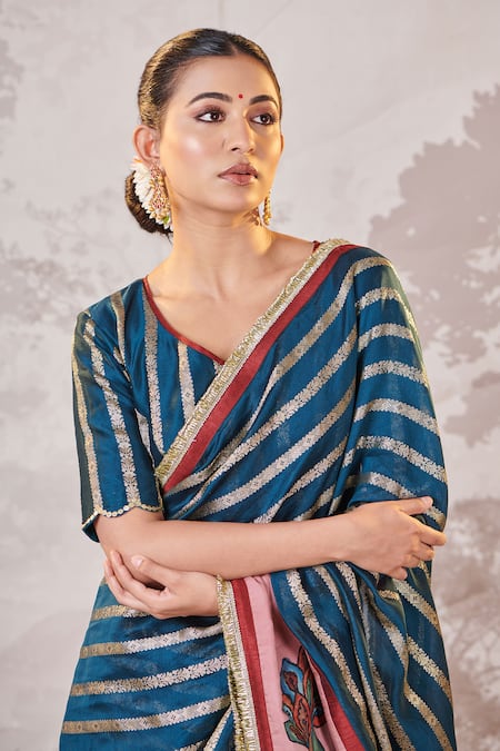 Buy_Aamra By Lavanya_Blue Silk, Silk, Sequins, Peacock Motif Hand Painted Saree Set 