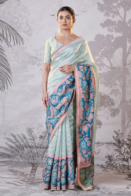 AAMRA BY LAVANYA Zari Stripe Hand Painted Saree & Blouse 