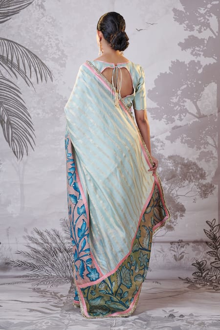 Aamra By Lavanya Zari Stripe Hand Painted Saree & Blouse 