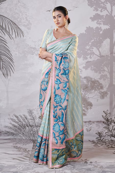 Aamra By Lavanya_Green Silk, Chanderi Sequins, Embroidery Zari Stripe Hand Painted Saree And Blouse _Online_at_Aza_Fashions