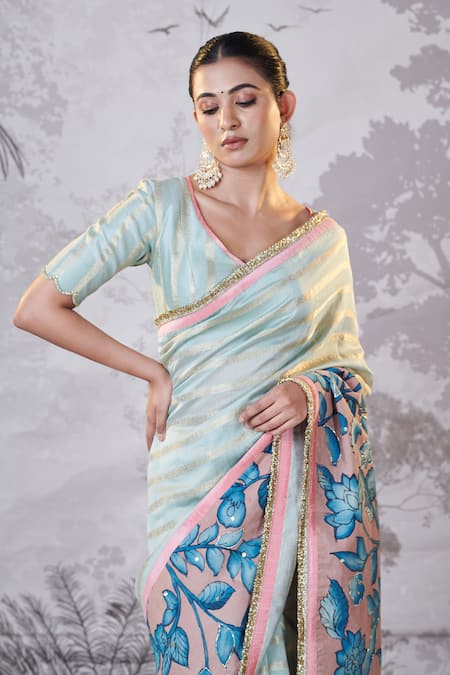 Buy_Aamra By Lavanya_Green Silk, Chanderi Sequins, Embroidery Zari Stripe Hand Painted Saree And Blouse _Online_at_Aza_Fashions
