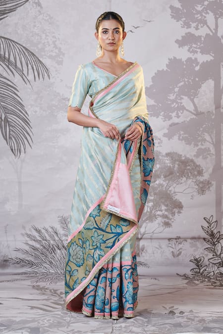 Shop_Aamra By Lavanya_Green Silk, Chanderi Sequins, Embroidery Zari Stripe Hand Painted Saree And Blouse _Online_at_Aza_Fashions