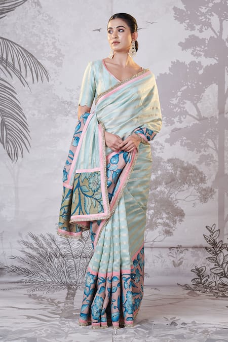 Aamra By Lavanya_Green Silk, Chanderi Sequins, Embroidery Zari Stripe Hand Painted Saree And Blouse _at_Aza_Fashions