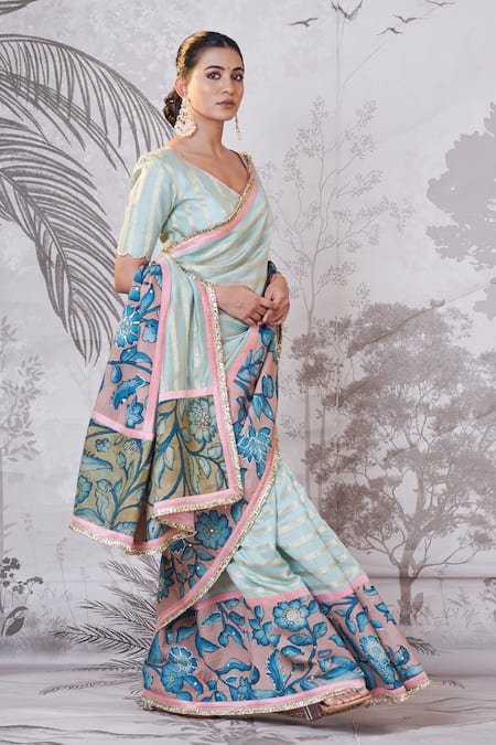 Buy_Aamra By Lavanya_Green Silk, Chanderi Sequins, Embroidery Zari Stripe Hand Painted Saree And Blouse 