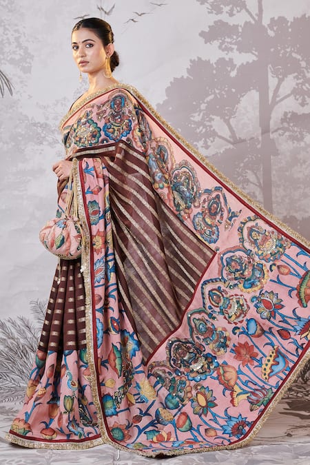 Aamra By Lavanya Brown Silk, Chanderi Embroidery, Sequins Plunge Neck Kalamkari Lotus Saree Set Online at Aza Fashions Aamra By Lavanya_Brown Silk, Chanderi Embroidery, Sequins Plunge Neck Kalamkari Lotus Saree Set _Online_at_Aza_Fashions