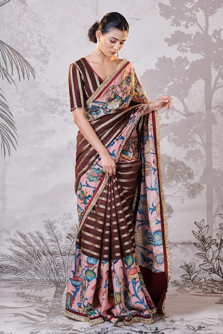Buy Aamra By Lavanya Brown Silk, Chanderi Embroidery, Sequins Plunge Neck Kalamkari Lotus Saree Set Online at Aza Fashions Buy_Aamra By Lavanya_Brown Silk, Chanderi Embroidery, Sequins Plunge Neck Kalamkari Lotus Saree Set _Online_at_Aza_Fashions