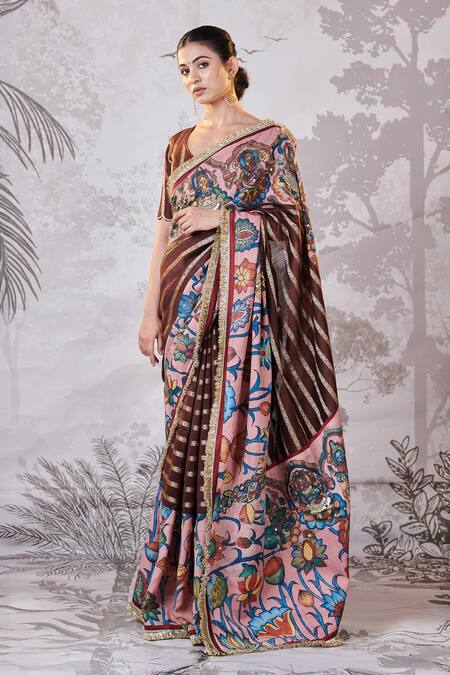 Shop Aamra By Lavanya Brown Silk, Chanderi Embroidery, Sequins Plunge Neck Kalamkari Lotus Saree Set Online at Aza Fashions Shop_Aamra By Lavanya_Brown Silk, Chanderi Embroidery, Sequins Plunge Neck Kalamkari Lotus Saree Set _Online_at_Aza_Fashions