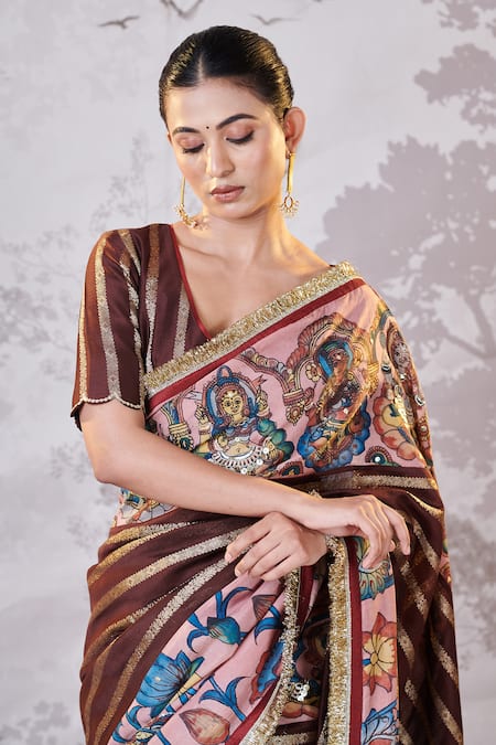 Aamra By Lavanya Brown Silk, Chanderi Embroidery, Sequins Plunge Neck Kalamkari Lotus Saree Set at Aza Fashions Aamra By Lavanya_Brown Silk, Chanderi Embroidery, Sequins Plunge Neck Kalamkari Lotus Saree Set _at_Aza_Fashions
