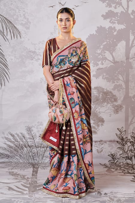 Buy Aamra By Lavanya Brown Silk, Chanderi Embroidery, Sequins Plunge Neck Kalamkari Lotus Saree Set Buy_Aamra By Lavanya_Brown Silk, Chanderi Embroidery, Sequins Plunge Neck Kalamkari Lotus Saree Set