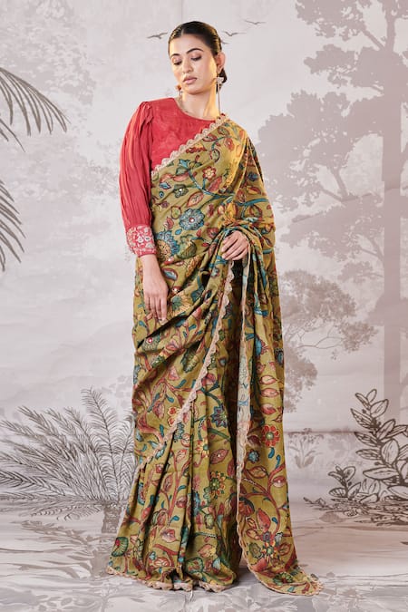 Buy_Aamra By Lavanya_Red Silk, Crepe Zari, Embroidery Round Neck Kalamkari Scallop Hem Saree Set _Online_at_Aza_Fashions