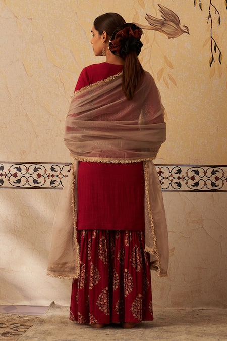 Shop_Rekha Agra_Maroon Organza, Cotton Embroidery, Ajrakh Handblock Printed Kurta Gharara Set _at_Aza_Fashions