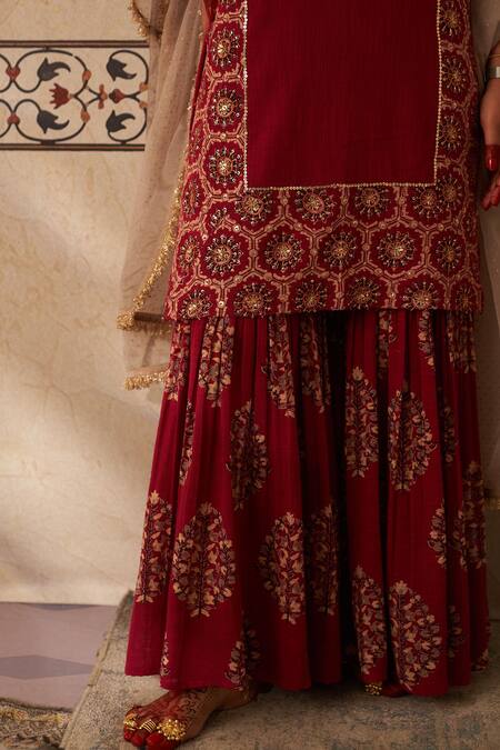 Rekha Agra_Maroon Organza, Cotton Embroidery, Ajrakh Handblock Printed Kurta Gharara Set _Online_at_Aza_Fashions