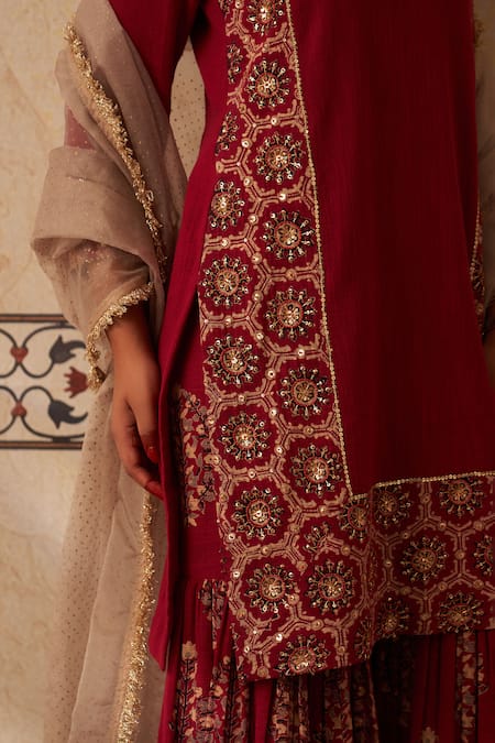 Buy_Rekha Agra_Maroon Organza, Cotton Embroidery, Ajrakh Handblock Printed Kurta Gharara Set _Online_at_Aza_Fashions