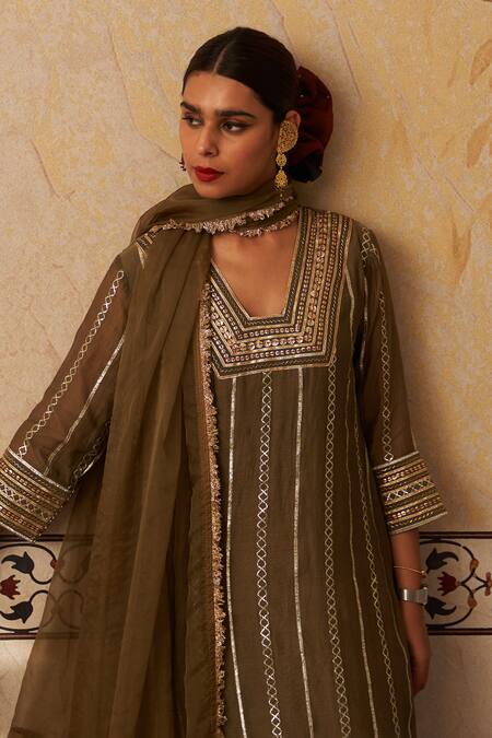 Rekha Agra_Green Organza, Chanderi Silk, Gabardine Mehendi Embroidered Kurta Gharara Set _Online_at_Aza_Fashions