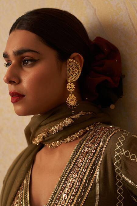 Buy_Rekha Agra_Green Organza, Chanderi Silk, Gabardine Mehendi Embroidered Kurta Gharara Set _Online_at_Aza_Fashions