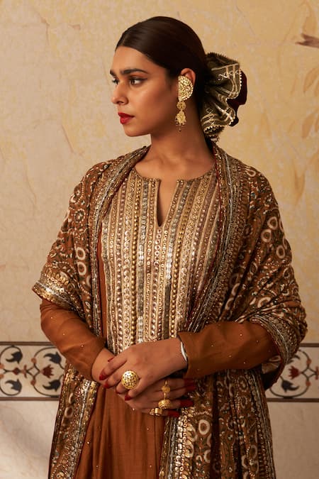 Rekha Agra_Yellow Silk, Sequins, Mirrors Mukaish Embroidered Anarkali Set _Online_at_Aza_Fashions