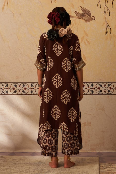 Rekha Agra Ajrakh Crest Handblock Print Kaftan & Pant Set 