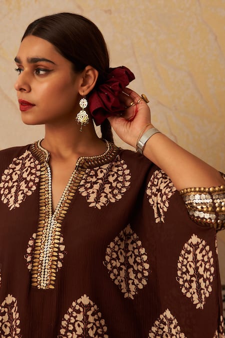 Rekha Agra_Brown Cotton, Silk Sequins Split Ajrakh Crest Handblock Print Kaftan And Pant Set _Online_at_Aza_Fashions
