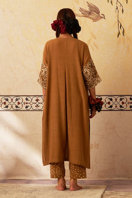 Shop_Rekha Agra_Brown Cotton Sequins, Embroidery Round Neck Ajrakh Blossom Kurta Set _at_Aza_Fashions