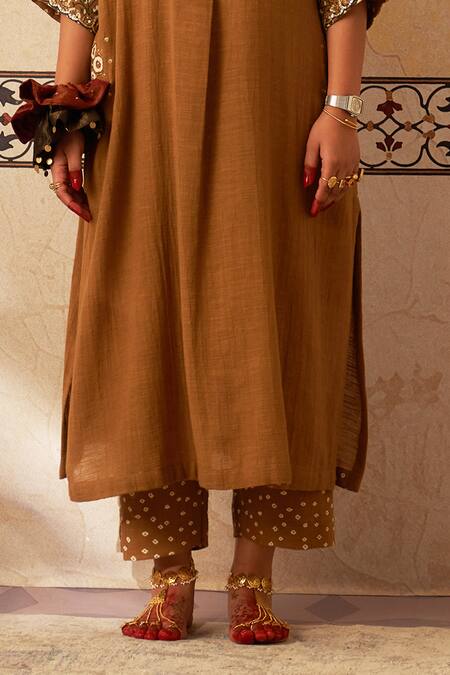 Buy_Rekha Agra_Brown Cotton Sequins, Embroidery Round Neck Ajrakh Blossom Kurta Set _Online_at_Aza_Fashions