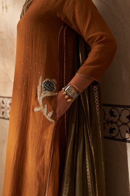 Rekha Agra Yellow Cotton, Chanderi Mirrors, Gota Patti Anar Bloom Embroidered Anarkali Set Online at Aza Fashions Rekha Agra_Yellow Cotton, Chanderi Mirrors, Gota Patti Anar Bloom Embroidered Anarkali Set _Online_at_Aza_Fashions