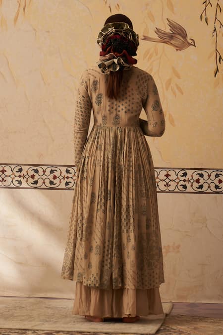 Rekha Agra Phool Handblock Print Anarkali Gharara Set 