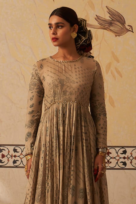 Shop_Rekha Agra_Beige Chanderi Embroidery Round Neck Phool Handblock Print Anarkali Gharara Set _Online_at_Aza_Fashions