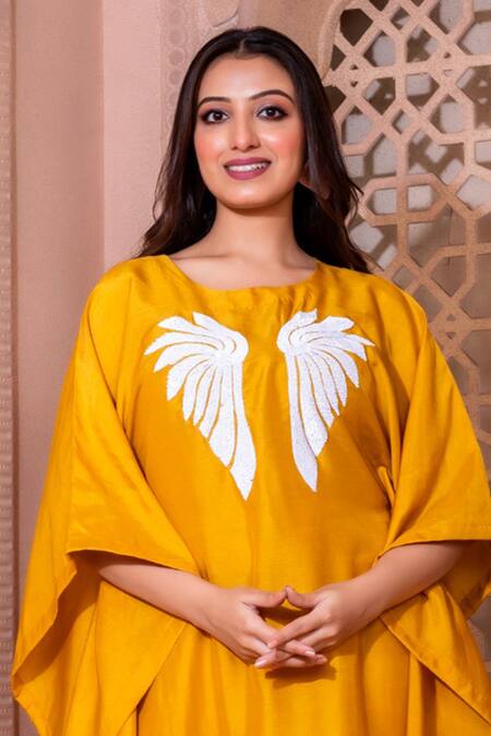 Namrataa Nopany_Yellow Silk Sequins Round Neck Wing Embroidered Kaftan And Pant Set _Online_at_Aza_Fashions