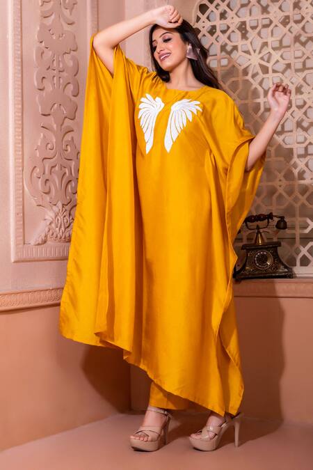 Shop_Namrataa Nopany_Yellow Silk Sequins Round Neck Wing Embroidered Kaftan And Pant Set _Online_at_Aza_Fashions