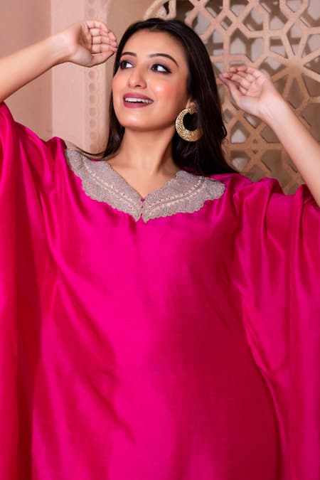 Namrataa Nopany_Pink Silk Zari Zardozi Embroidered Kaftan With Pant _Online_at_Aza_Fashions
