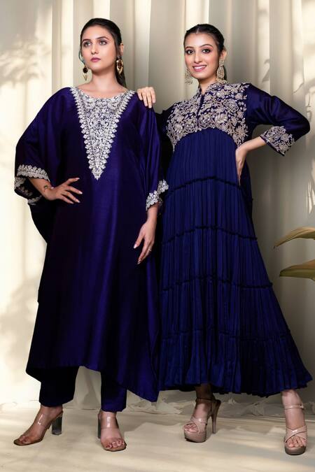 Namrataa Nopany_Purple Silk Embroidery Round Neck Dori Bloom Kaftan With Pant _Online_at_Aza_Fashions