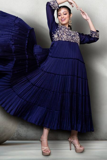 Buy_Namrataa Nopany_Purple Chanderi Beads Mandarin Collar Gul Embroidered Tiered Anarkali _Online_at_Aza_Fashions