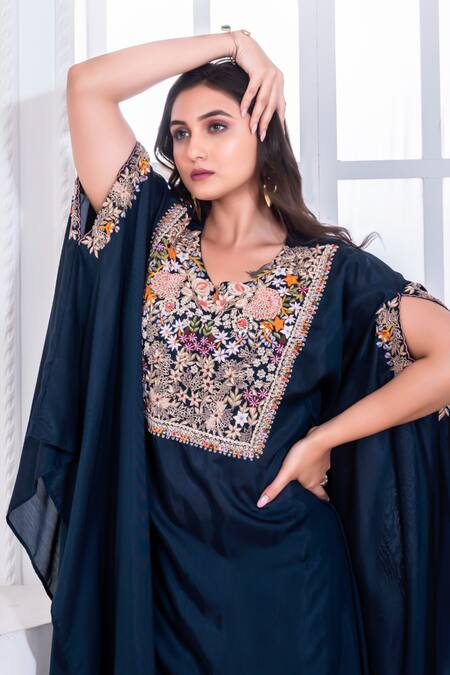 Namrataa Nopany_Blue Muslin Bloom Embroidered Cape With Pant _Online_at_Aza_Fashions