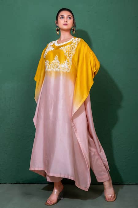 Namrataa Nopany Yellow Silk Beads Round Neck Ombre Floral Kaftan Set Online at Aza Fashions Namrataa Nopany_Yellow Silk Beads Round Neck Ombre Floral Kaftan Set _Online_at_Aza_Fashions