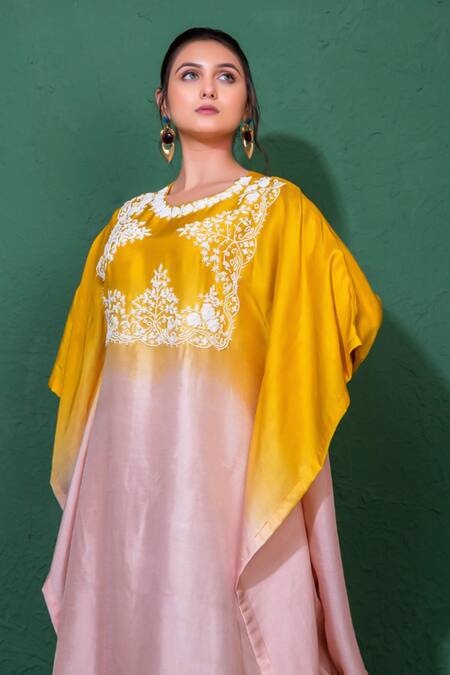 Buy Namrataa Nopany Yellow Silk Beads Round Neck Ombre Floral Kaftan Set Online at Aza Fashions Buy_Namrataa Nopany_Yellow Silk Beads Round Neck Ombre Floral Kaftan Set _Online_at_Aza_Fashions