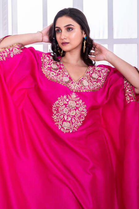 Namrataa Nopany_Pink Silk Zari V-neck Zardozi Embroidered Kaftan With Pant _Online_at_Aza_Fashions