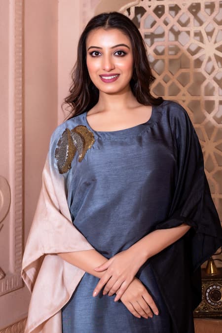 Buy_Namrataa Nopany_Beige Silk Cut Work Round Neck Cutdana Ombre Kaftan Set With Pant _Online_at_Aza_Fashions