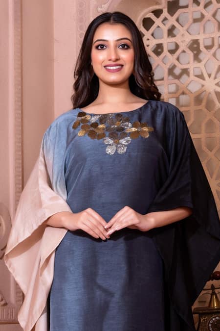 Shop_Namrataa Nopany_Multi Color Silk Cut Work Round Neck Cutdana Ombre Kaftan With Pant _Online_at_Aza_Fashions