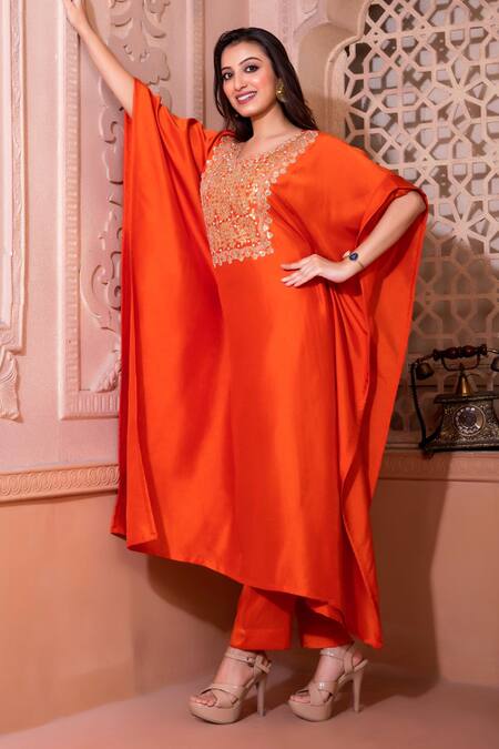 Namrataa Nopany_Orange Silk Gota Patti, Diamonds Round Neck And Dori Embroidered Kaftan Set _Online_at_Aza_Fashions