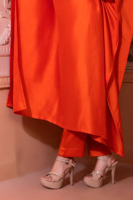 Buy_Namrataa Nopany_Orange Silk Gota Patti, Diamonds Round Neck And Dori Embroidered Kaftan Set _Online_at_Aza_Fashions
