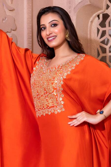 Shop_Namrataa Nopany_Orange Silk Gota Patti, Diamonds Round Neck And Dori Embroidered Kaftan Set _Online_at_Aza_Fashions