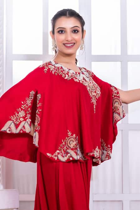 Shop_Namrataa Nopany_Red Silk Embroidery Boat Neck Poncho And Dhoti Pant Set _Online_at_Aza_Fashions