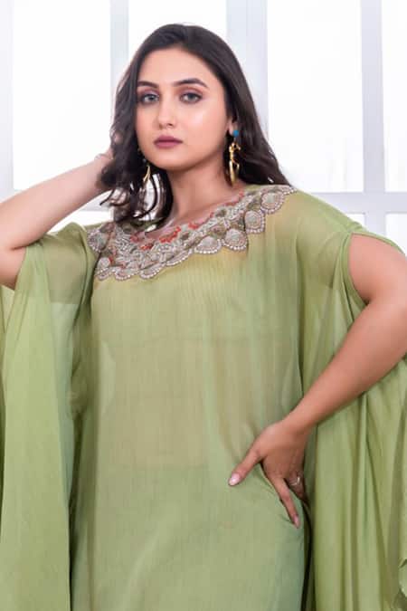 Namrataa Nopany Green Muslin Dori Bloom Embroidered Cape With Pant Online at Aza Fashions Namrataa Nopany_Green Muslin Dori Bloom Embroidered Cape With Pant _Online_at_Aza_Fashions