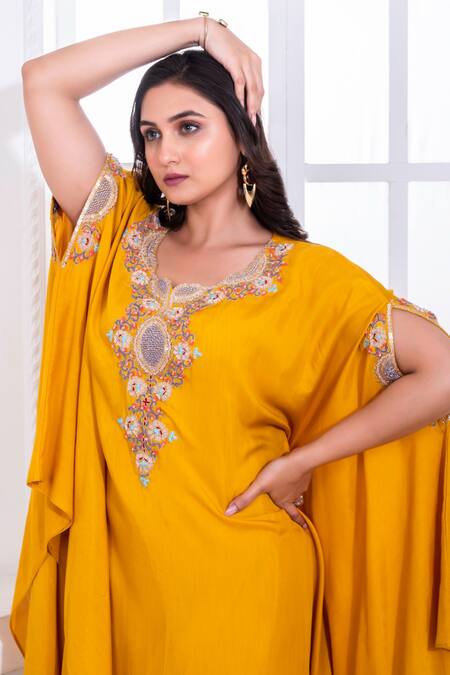 Namrataa Nopany_Yellow Muslin Embroidered Cape And Pant Set _Online_at_Aza_Fashions